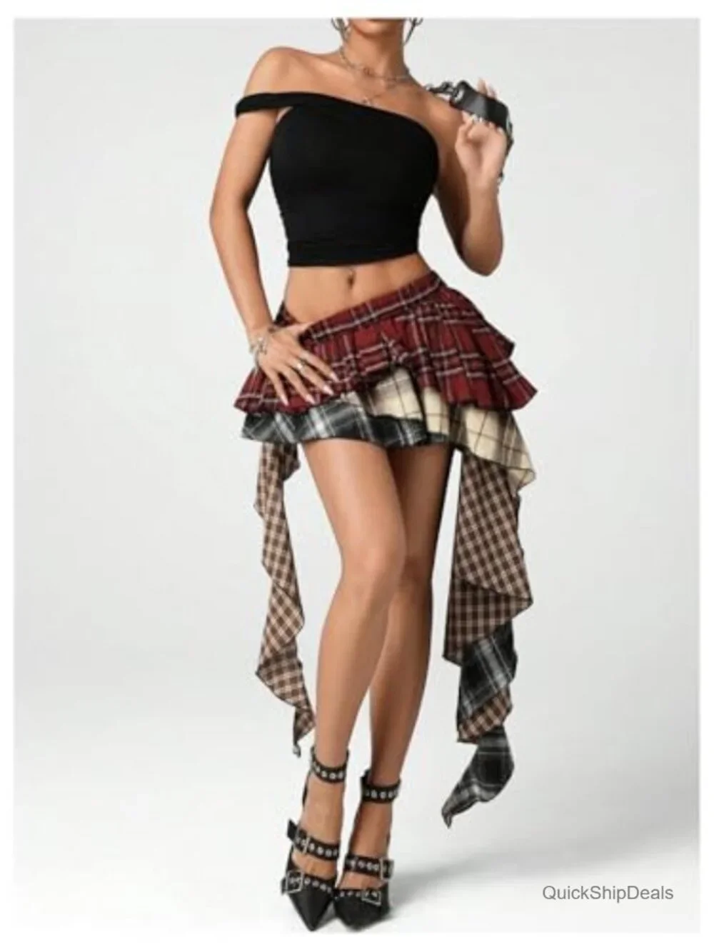Women's Plaid Ruffle Mini Skirt Y2K Layered Asymmetrical Skorts